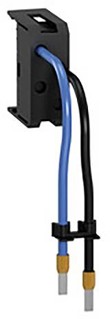 Schwarze elektrische Klemme mit zwei angeschlossenen isolierten Drähten, einem blauen und einem schwarzen, die nach unten führen.