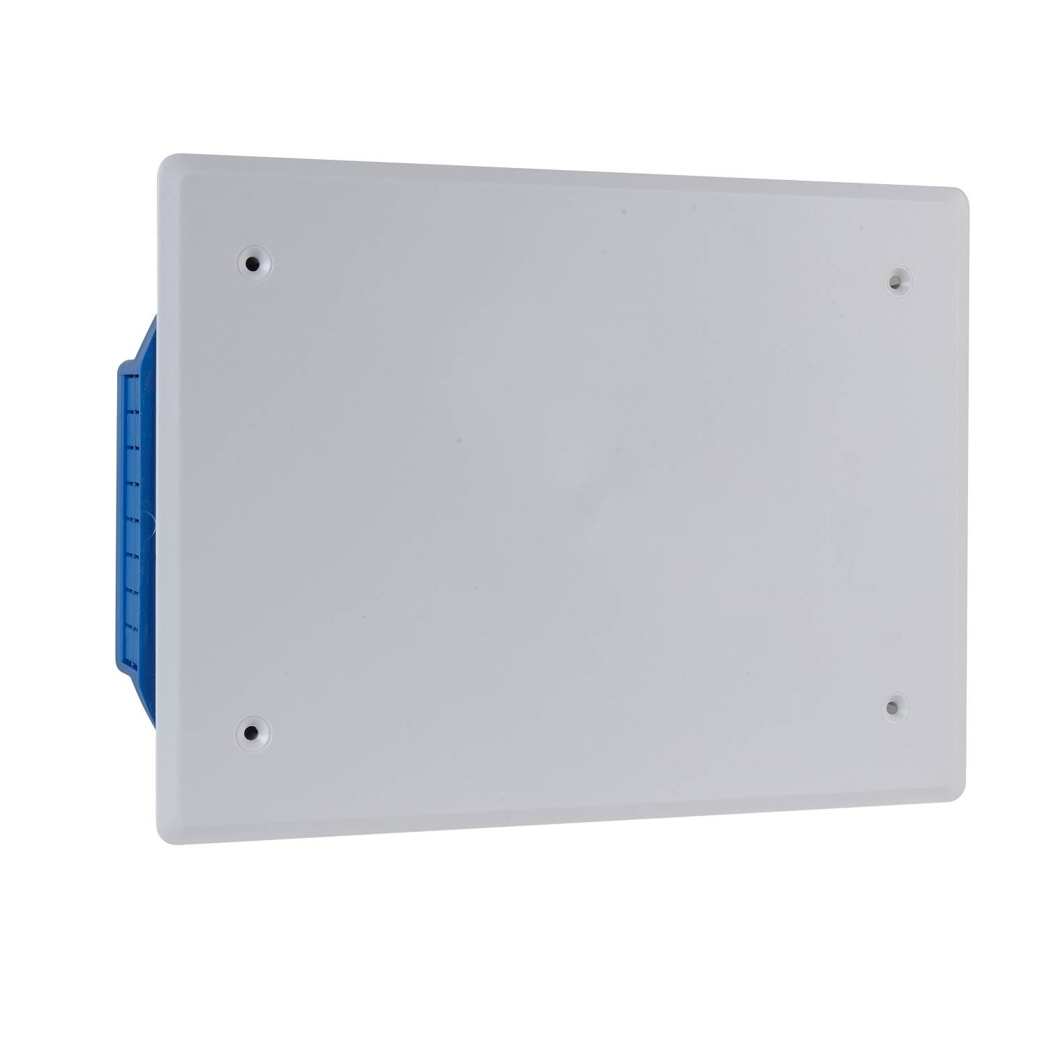 Weiße rechteckige Abdeckung mit schmaler blauer Kante, vermutlich ein elektrisches oder technisches Bauteil, vor neutralem Hintergrund.