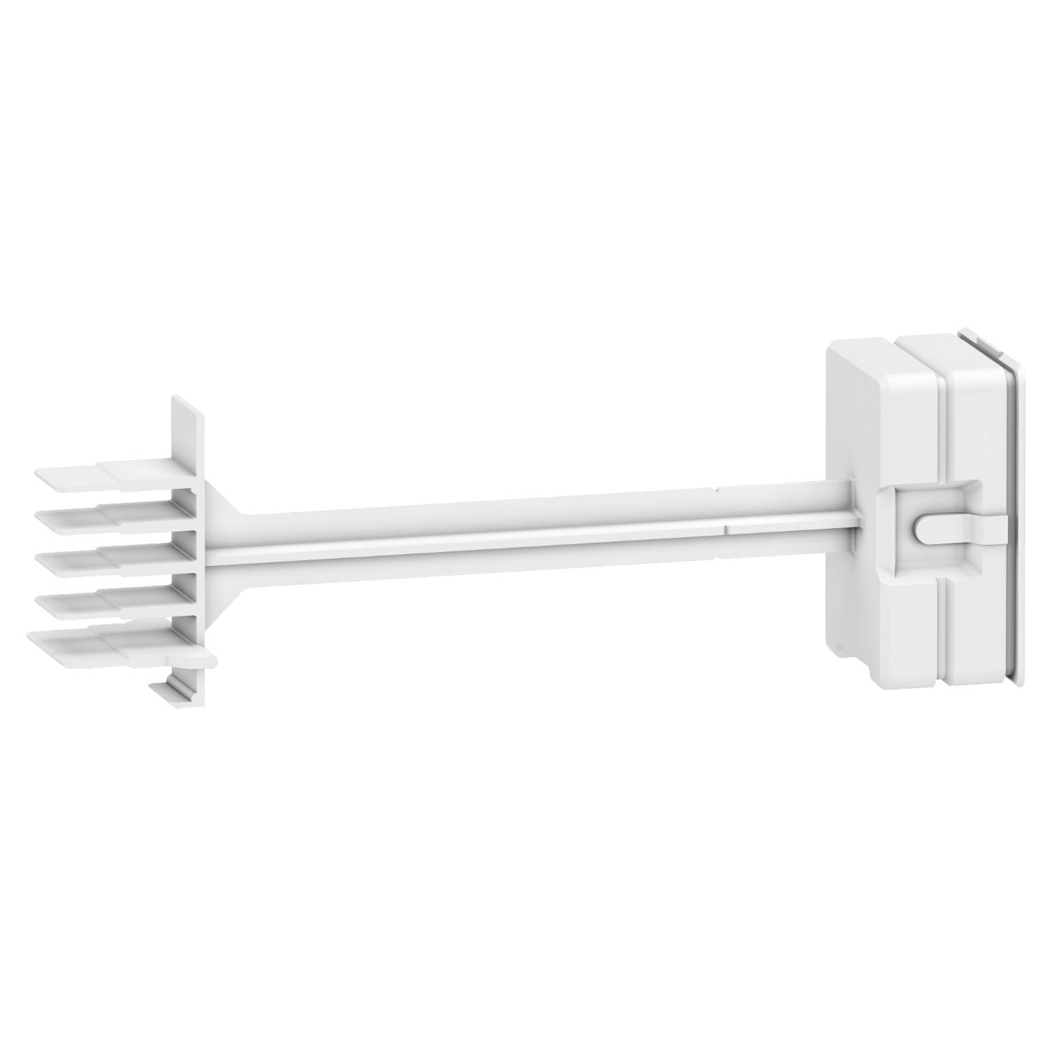 Weißes Wandregal mit vier flachen Ablagen, montiert an der Wand, seitliche Ansicht. Geeignet zum Aufbewahren von kleinen Gegenständen.