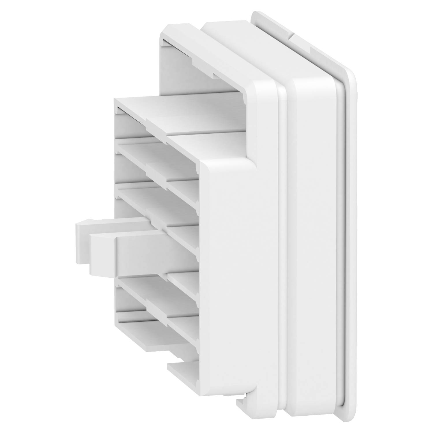 Ein weißes Plastikbauteil mit mehreren parallelen Lamellen und rechteckiger Form.