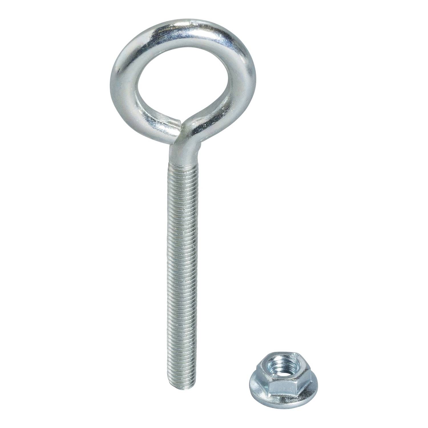 Schrauböse aus Metall mit Gewinde, daneben eine sechskantige Mutter. Geeignet zur Befestigung in Konstruktionen oder für Bauteile.