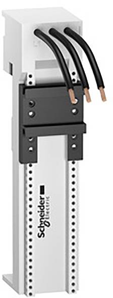 Ein weißer elektrischer Verteiler mit drei schwarzen Kabeln und dem Logo von Schneider Electric.