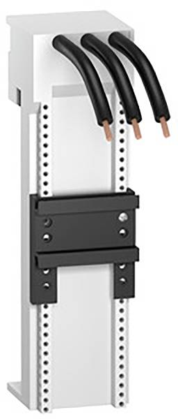 Ein elektrischer Kabelhalter mit drei schwarzen Kabeln, die durch eine weiße Halterung geführt sind. Geeignet für die organisierte Kabelverlegung.