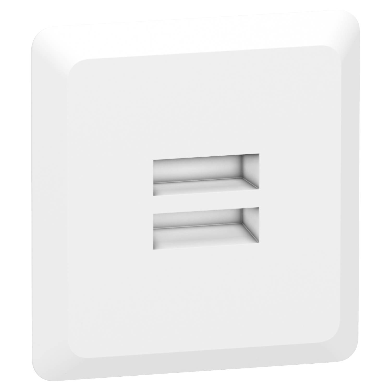 Weiße USB-Wandsteckdose mit zwei USB-Anschlüssen. Ideal zum Aufladen elektronischer Geräte in Wohn- oder Arbeitsbereichen.