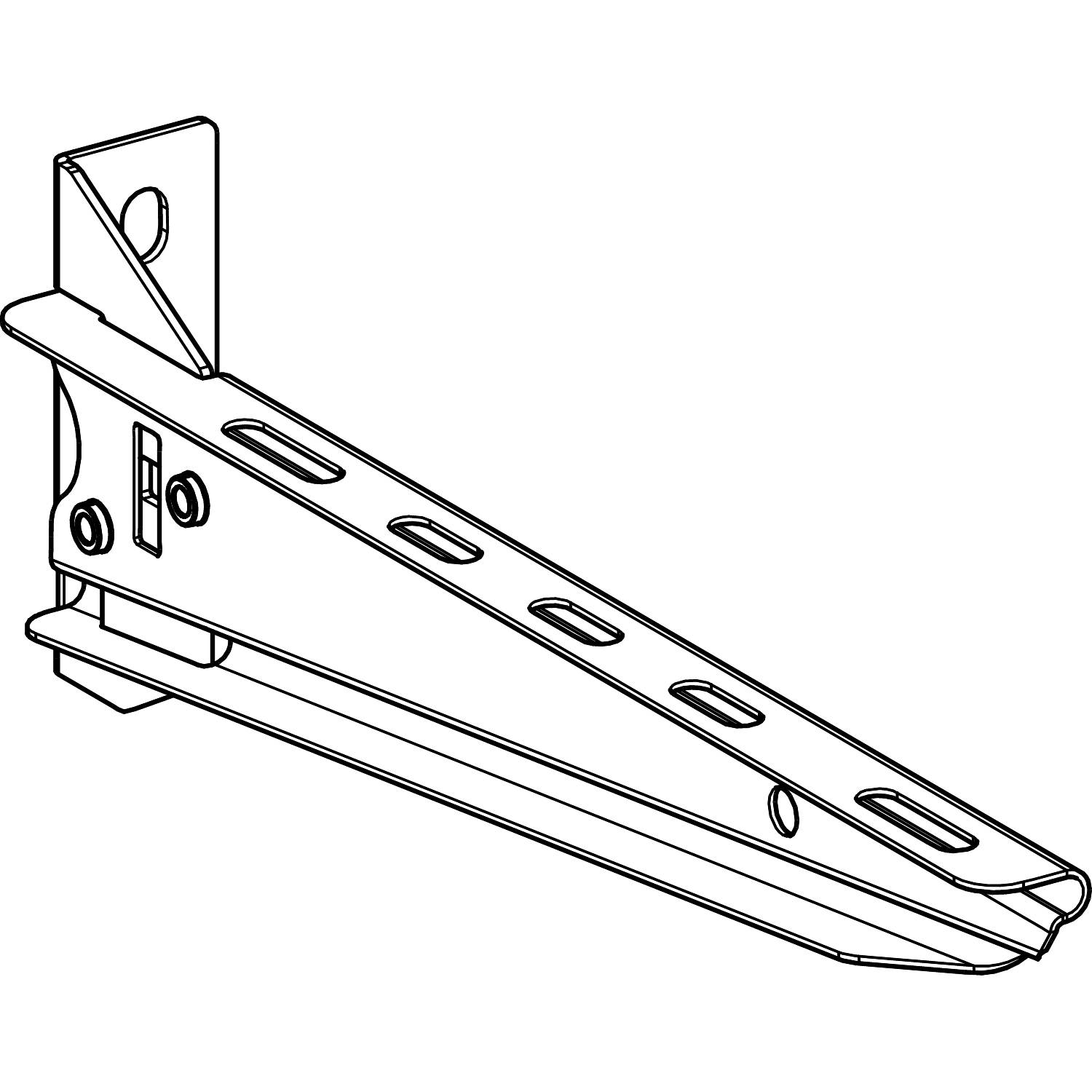 Eine technische Zeichnung einer Metallkonsole mit Löchern und einem Winkel zur Wandmontage. Sie dient zur stabilen Befestigung.