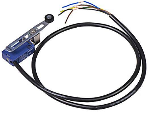 Ein Endschalter mit Metallhebel und verbundenem Kabel. Das Kabel hat mehrere farbige Drähte zur elektrischen Verbindung.