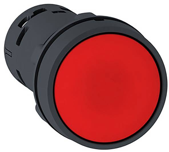 Runder roter Knopf in Kunststoffgehäuse, typischerweise als Warn- oder Stopp-Taste verwendet.