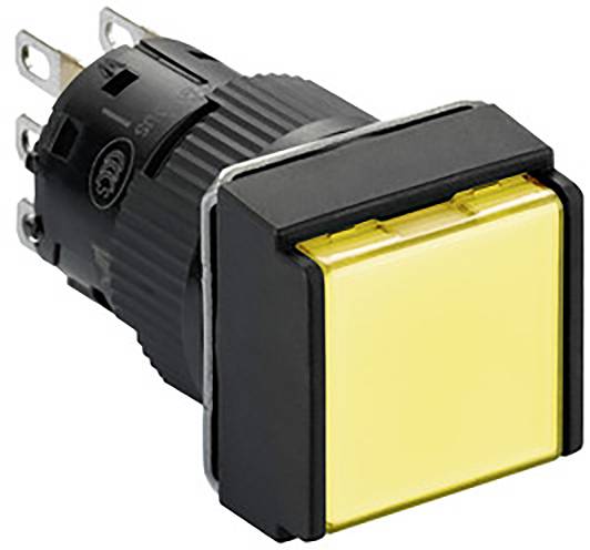 Ein gelber Drucktaster mit schwarzem Gehäuse und mehreren Anschlüssen auf der Rückseite. Verwendung für elektronische Schaltungen.