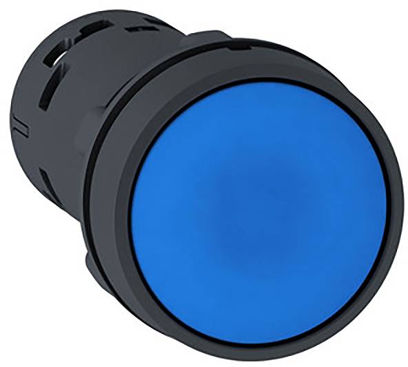 Runder blauer Knopf mit schwarzem Rand, geeignet für elektronische Steuerungen oder Bedienfelder.
