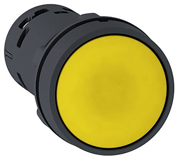 Gelber, runder Druckknopf mit grauem Gehäuse, häufig in elektronischen Bedienfeldern verwendet.
