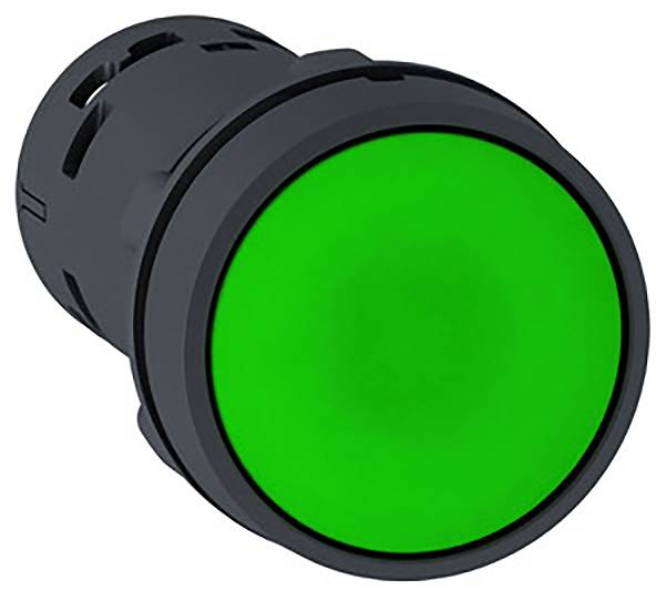 Grüner Druckknopf mit leuchtender Oberfläche, verwendet zur Signalisierung des Betriebszustands oder zur Aktivierung von Geräten.