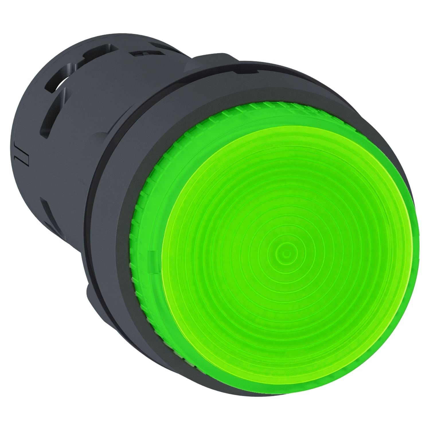 Ein runder, grüner Druckknopf mit schwarzer Umrandung. Der Knopf leuchtet hell und scheint für eine elektrische Schaltung bestimmt zu sein.