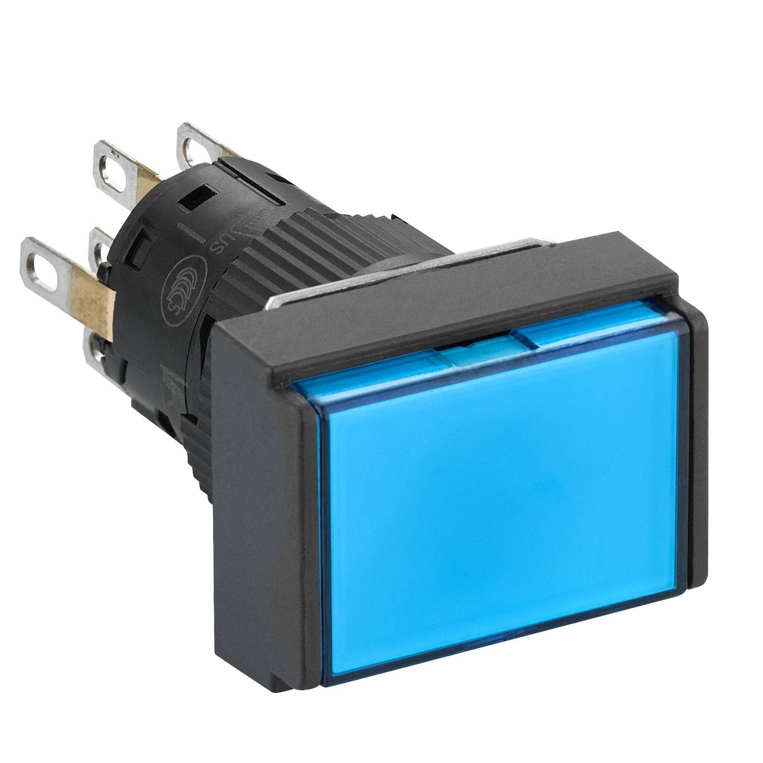 Ein rechteckiger blauer Druckschalter mit silbernen Steckkontakten und schwarzem Gehäuse, geeignet für elektronische Anwendungen.
