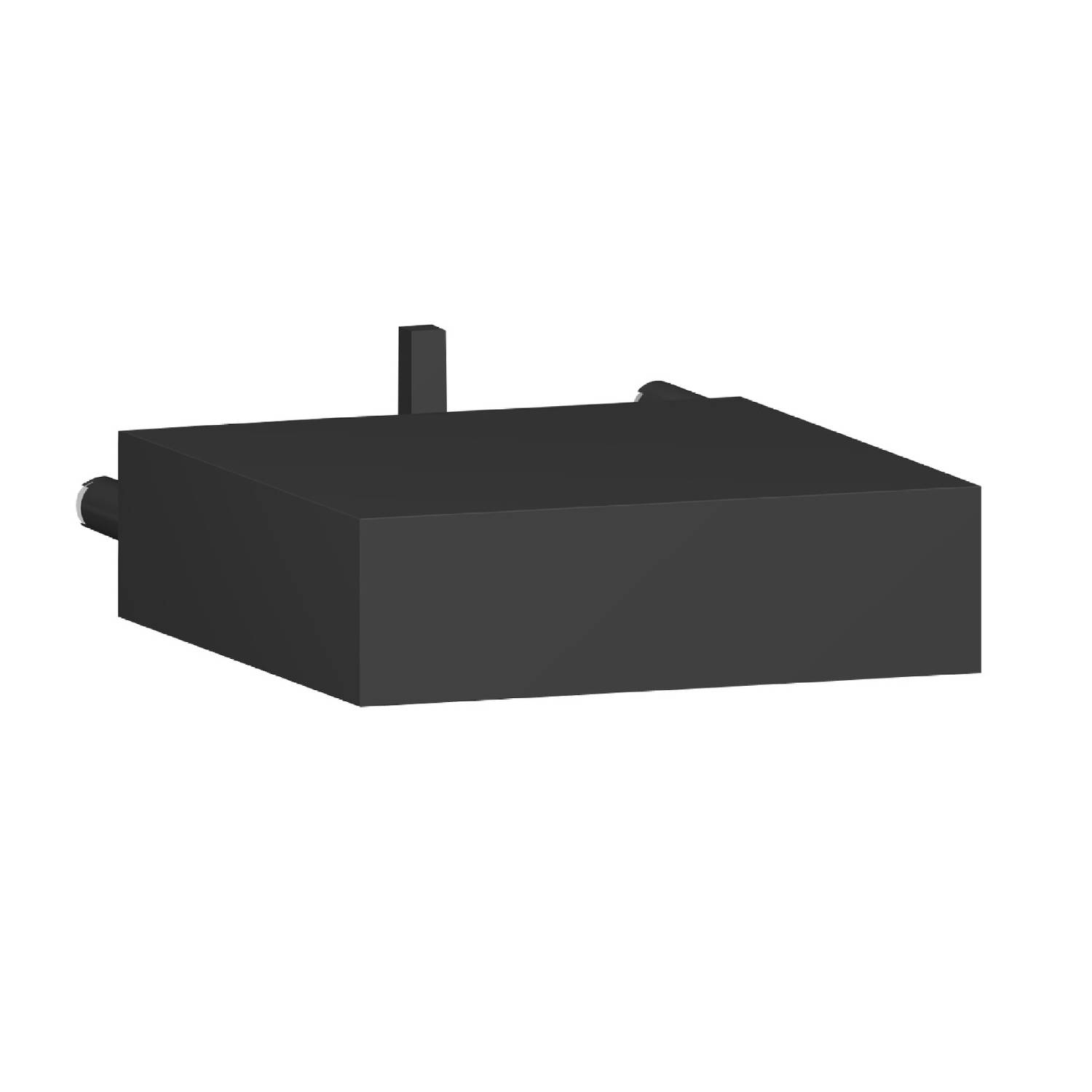 Ein schwarzer, rechteckiger 3D-Block mit zwei kurzen, dünnen Stäben und einer längeren Erhöhung auf der Oberseite.