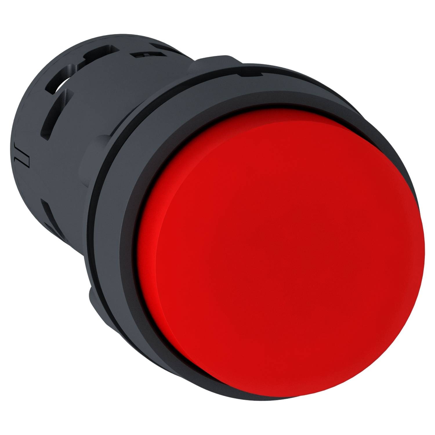 Ein großer, runder roter Knopf auf schwarzem Hintergrund.