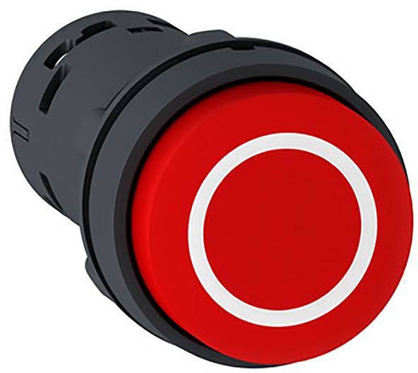 Roter Druckknopf mit weißen Kreis, oft verwendet als Not-Aus-Schalter in Maschinen und Anlagen zur Sicherheitsabschaltung.