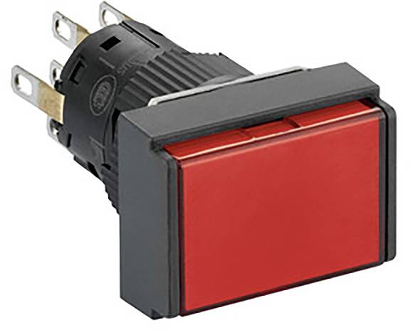 Roter, rechteckiger Druckknopf mit schwarzen Seiten und mehreren Anschlüssen auf der Rückseite, verwendet zur Steuerung elektrischer Geräte.