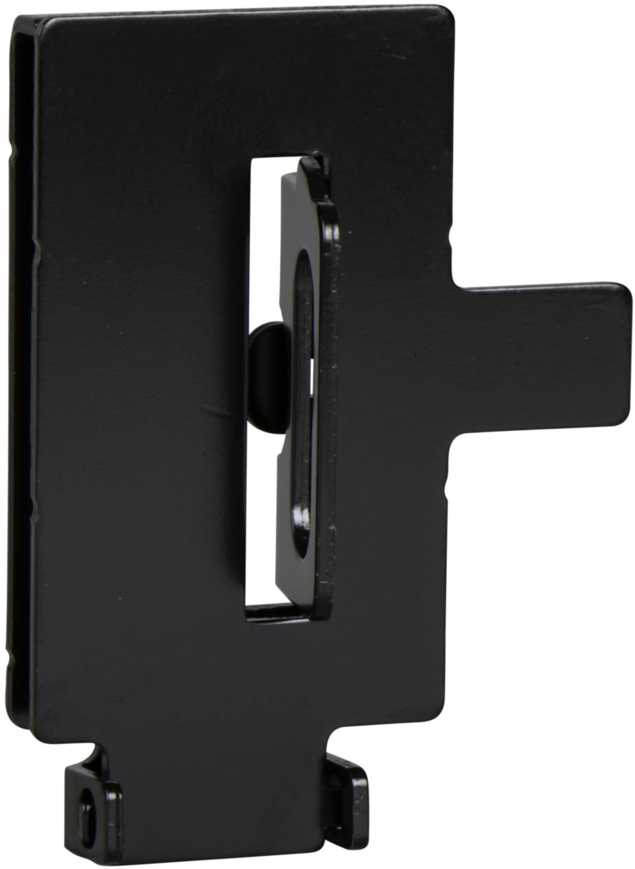 Ein schwarzes, rechteckiges Metallstück mit einem zentralen Schlitz und einem herausragenden Hebel an der rechten Seite.