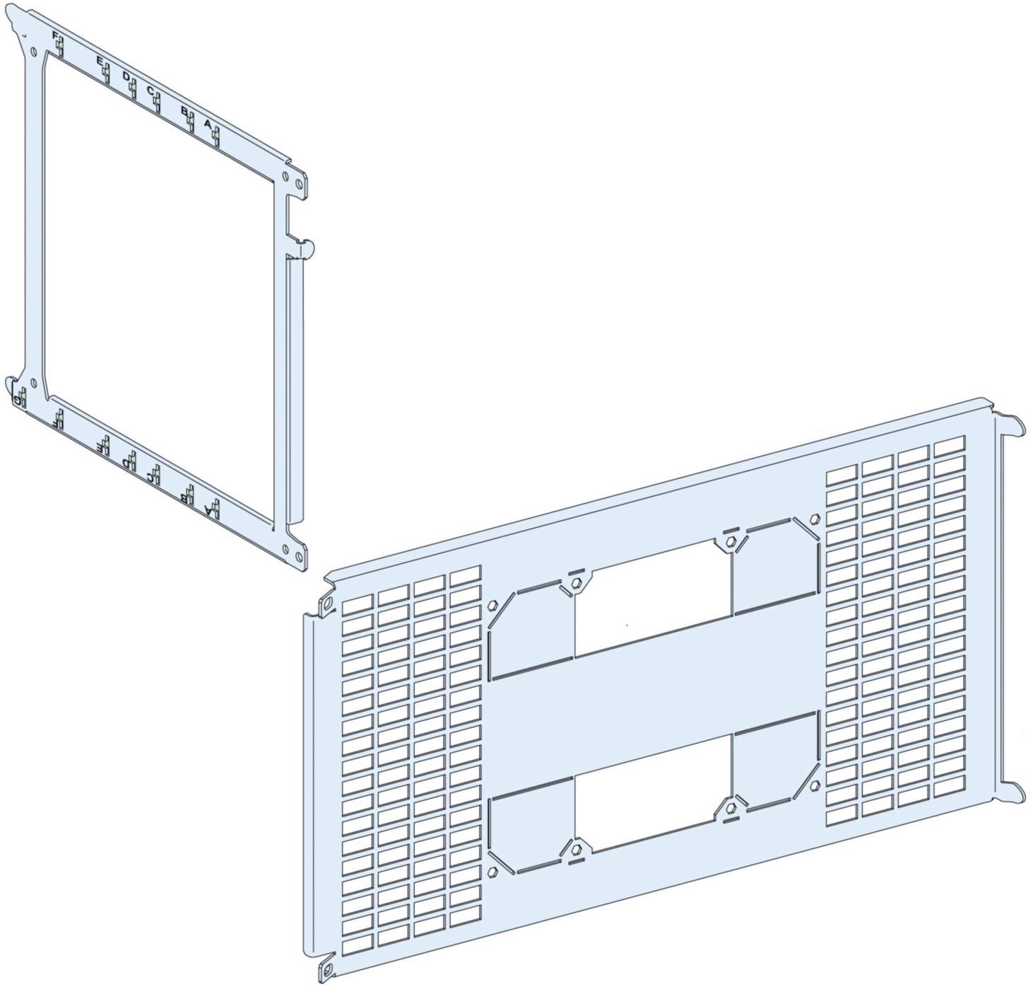 Zwei Rahmen für Computer- oder Servergehäuse. Der rechte Rahmen hat Lüftungsschlitze und rechteckige Aussparungen, der linke ist simpler.
