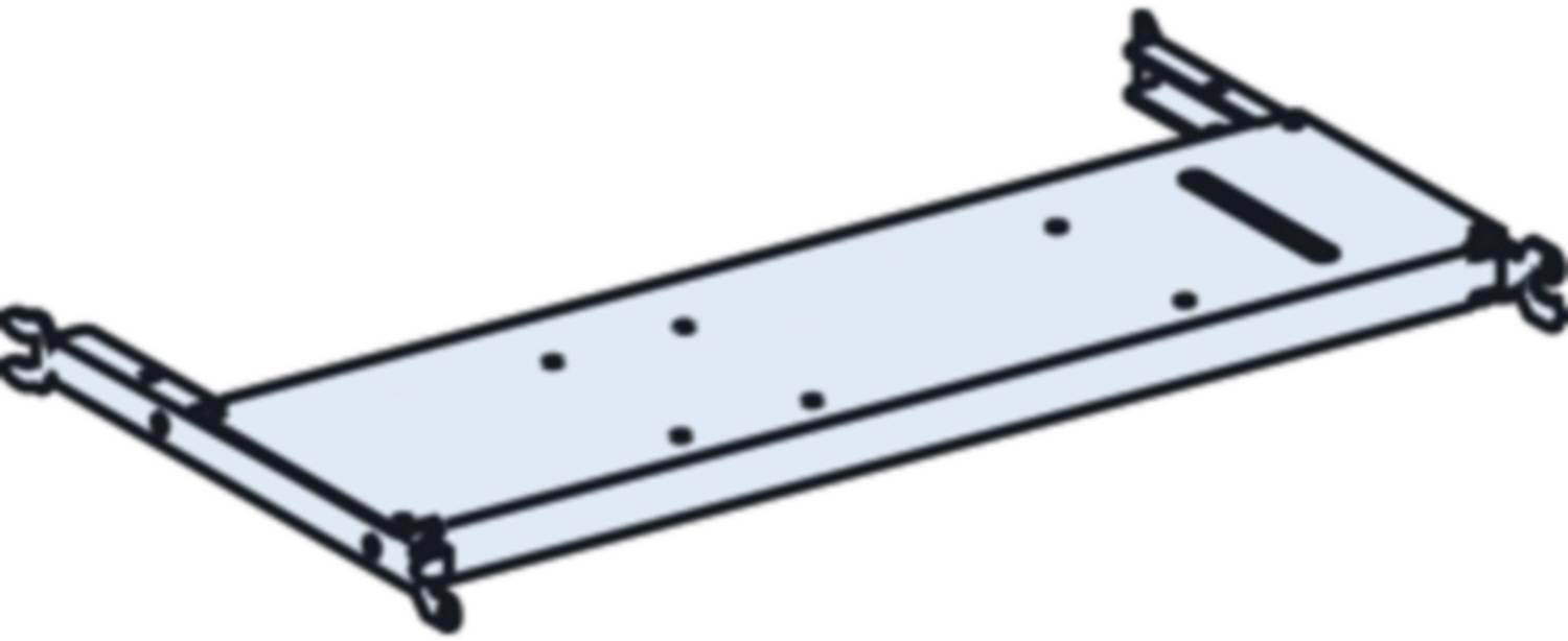 Illustration eines flachen Metalltabletts mit Befestigungselementen an den Ecken, geeignet zum Einbau in ein Gestellsystem.