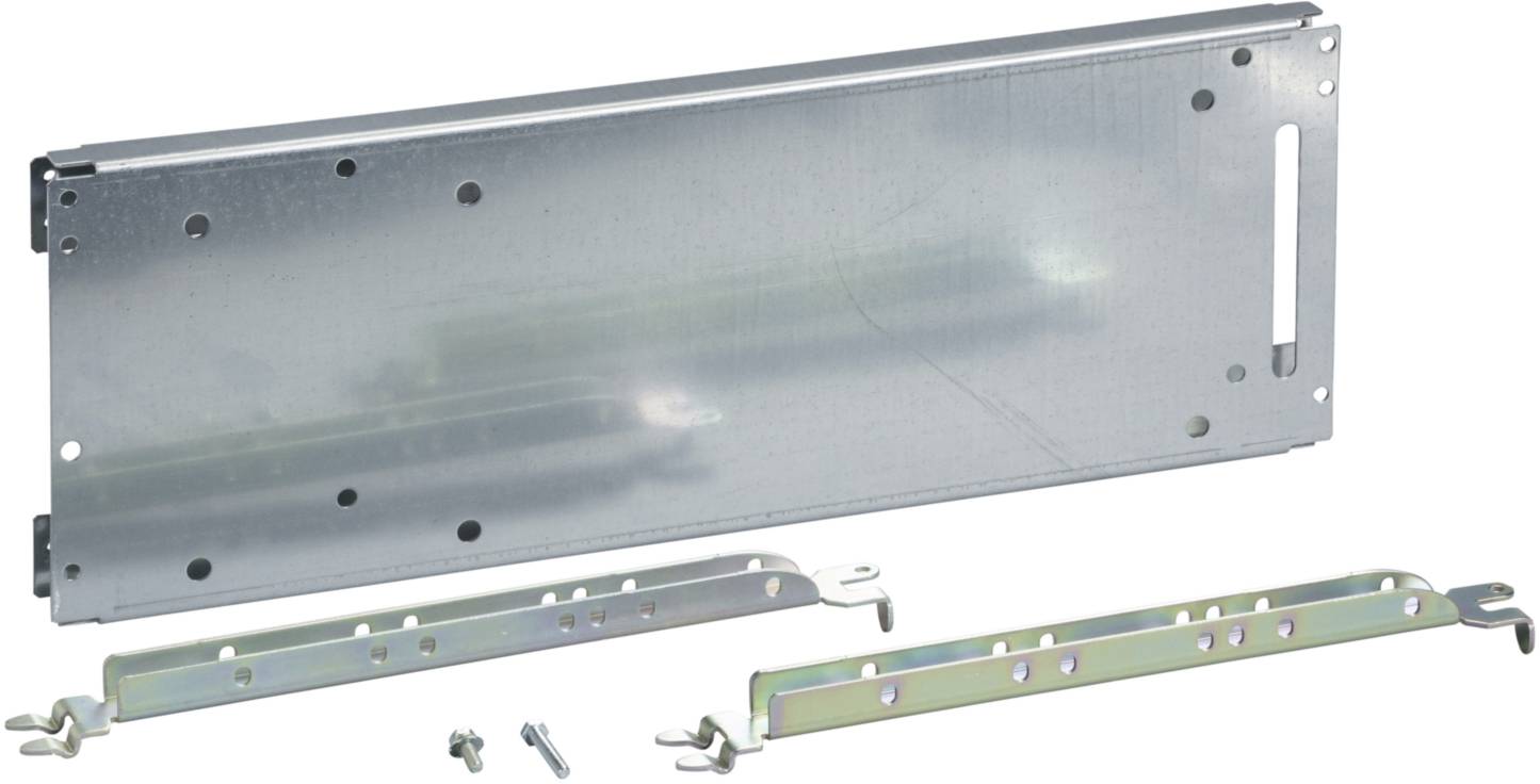 Metallischer Halterungssatz mit einer großen rechteckigen Platte und zwei länglichen Schienen, die teilweise verschraubt werden können.