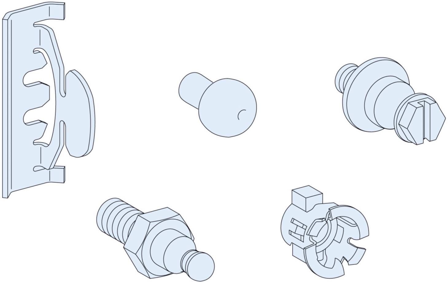 Illustration von fünf verschiedenen Befestigungselementen, darunter Clips und Schrauben, in geometrischen Formen, jeweils in Blau.