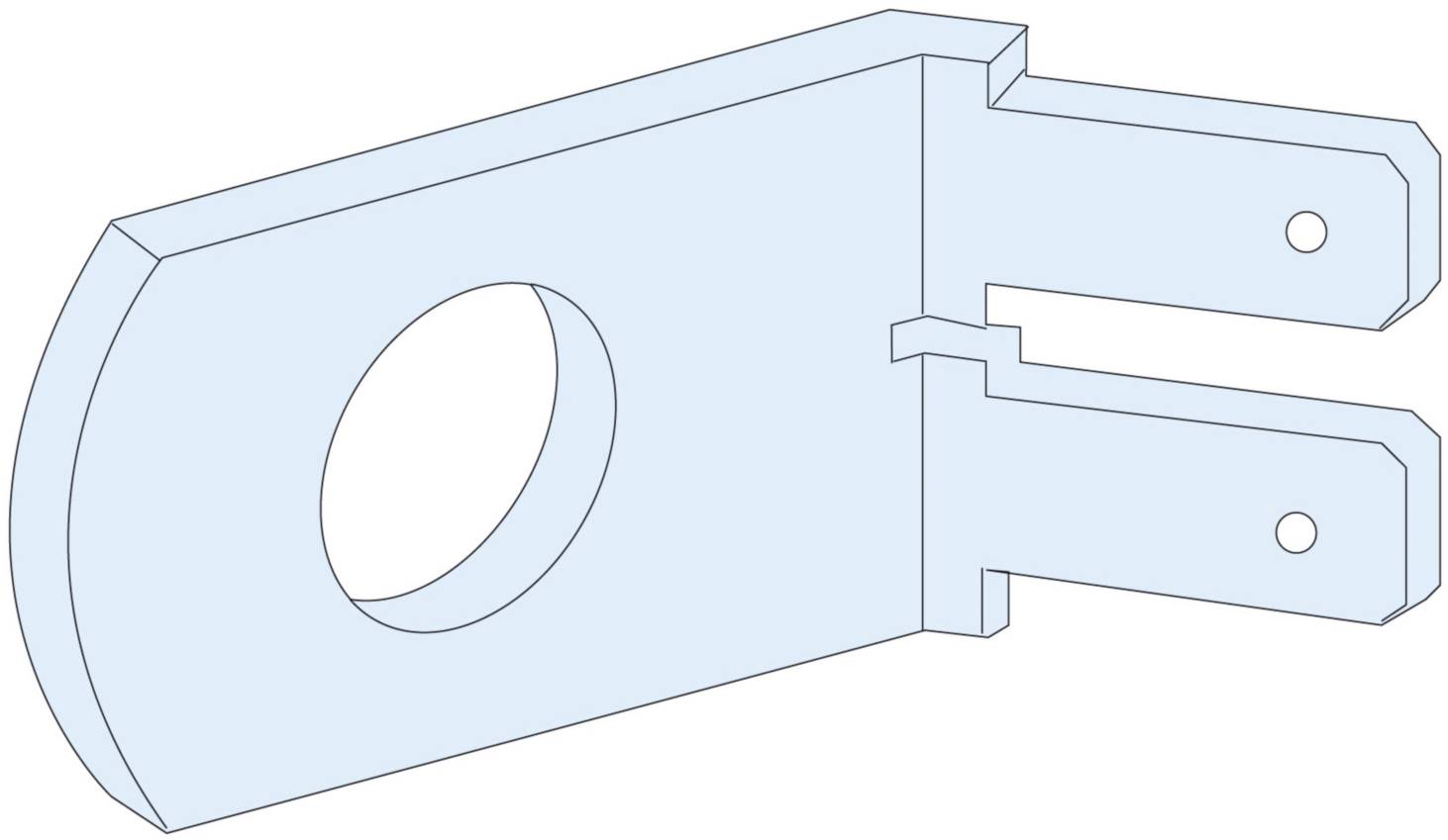 Technische Zeichnung eines Befestigungsteils mit einem Loch in der Mitte und zwei parallelen Schlitzen rechts.