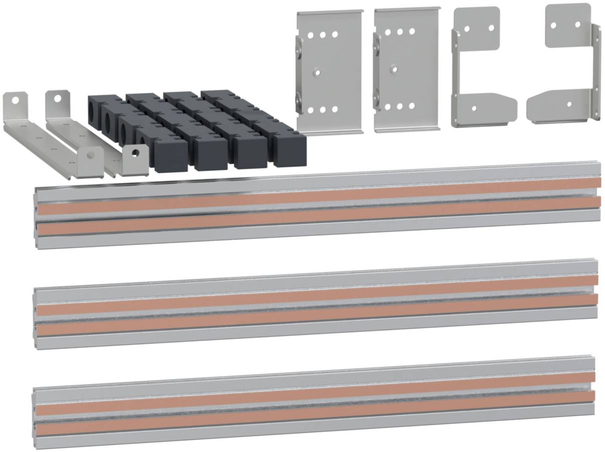 Mehrere Metallkomponenten und Gummiteile für Elektroinstallationen auf weißem Hintergrund angeordnet. Verwendungszweck ist nicht spezifiziert.