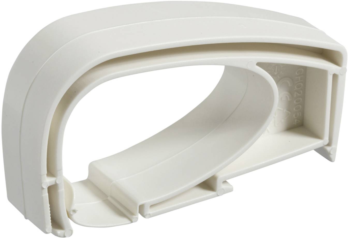 Kunststoffgriff in Weiß, ergonomisch geformt, vermutlich für die Verwendung an einem Haushaltsgerät oder einem Werkzeug.