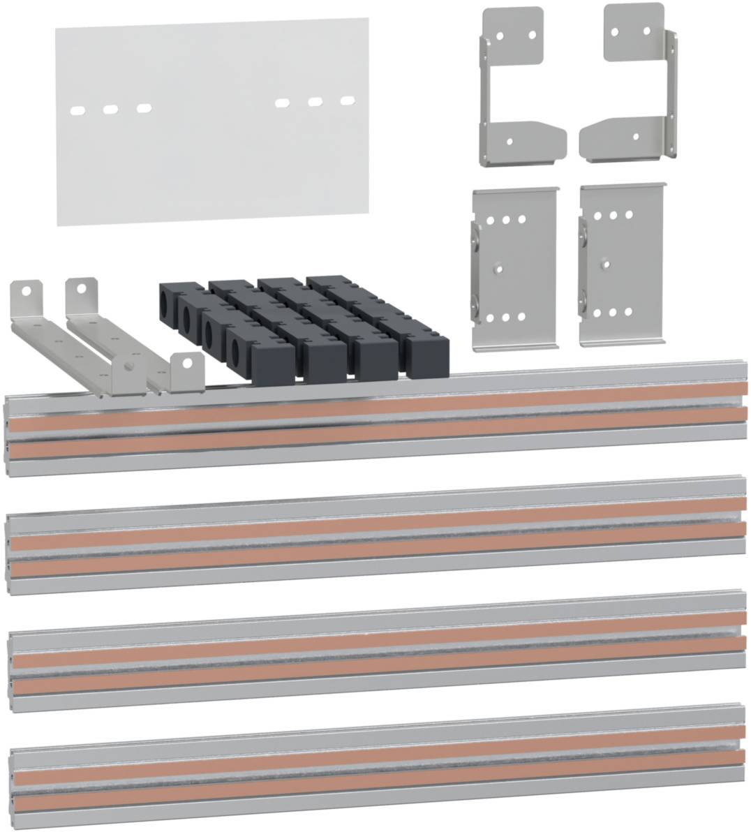 Montageset für Schienensystem, bestehend aus vier Aluminiumschienen, Montagewinkeln und Zubehörteilen.