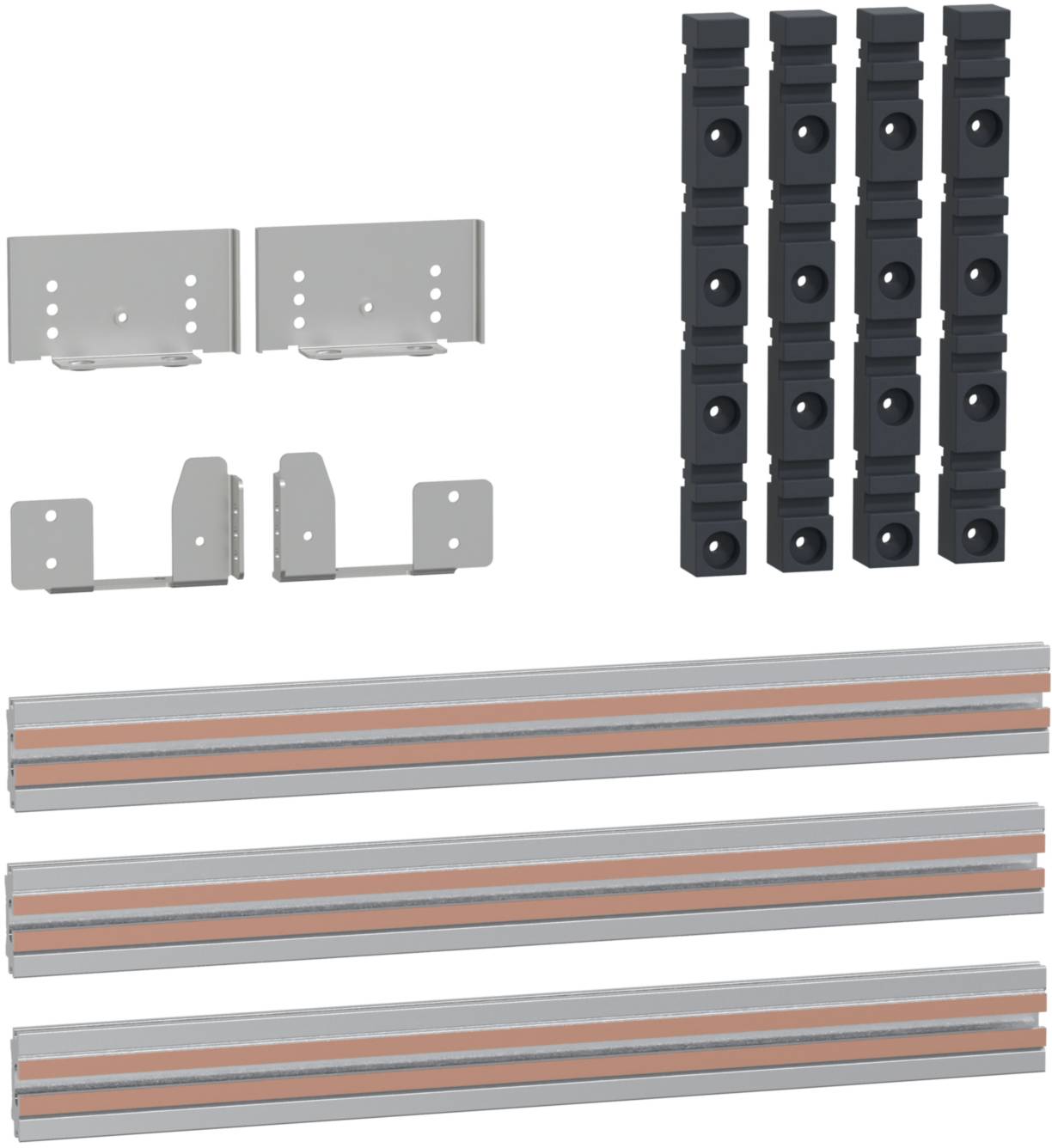 Montageset mit Schienen, Halterungen und Kabelhaltern. Enthält drei Aluminiumschienen, vier Halterungen und sechs schwarze Kabelhalter.