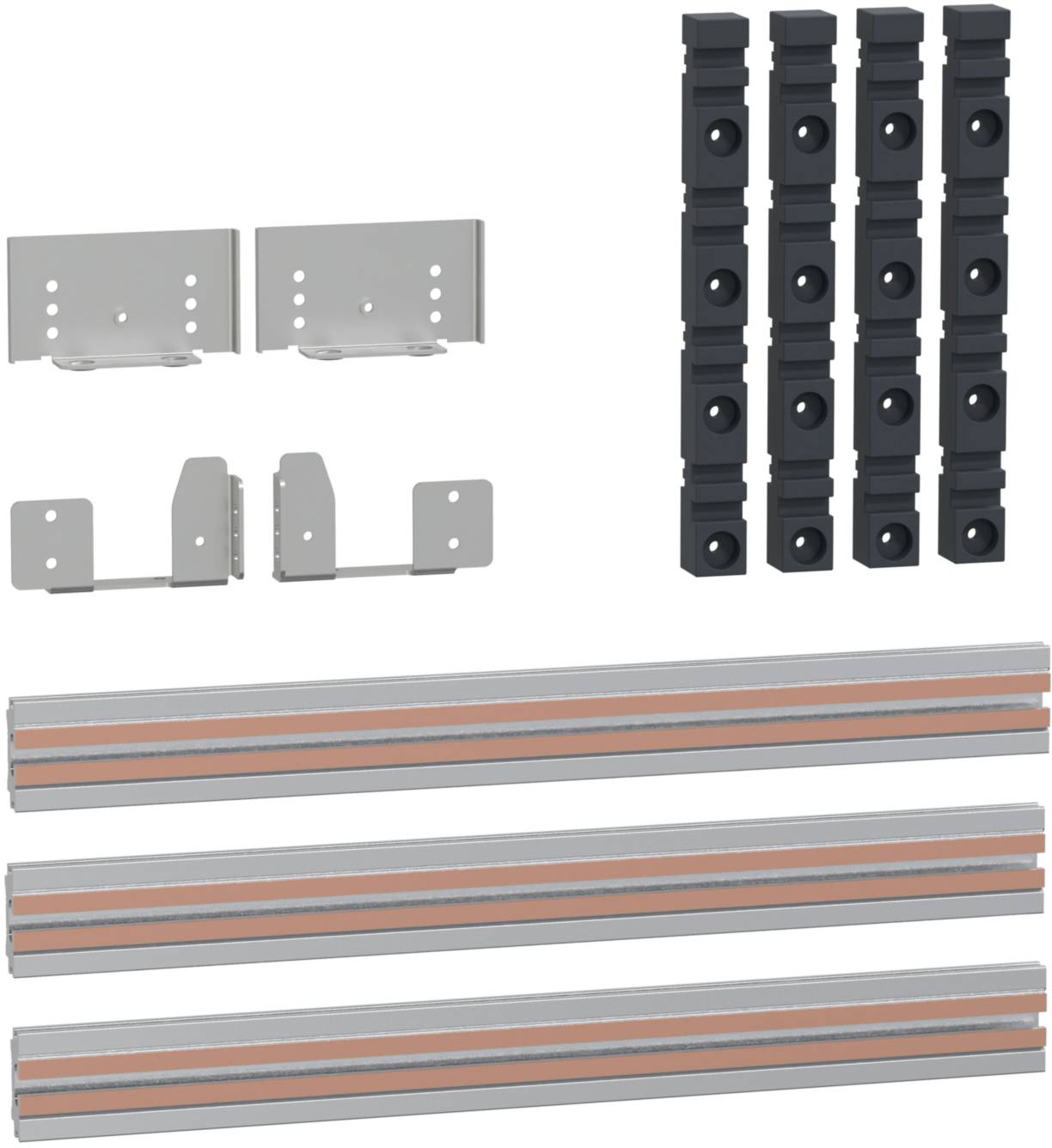 Metallschienen und Montageelemente. Oben links zwei silberne Befestigungsklammern, rechts schwarze Steckverbinder. Unten drei lange, parallel verlaufende Metallschienen.