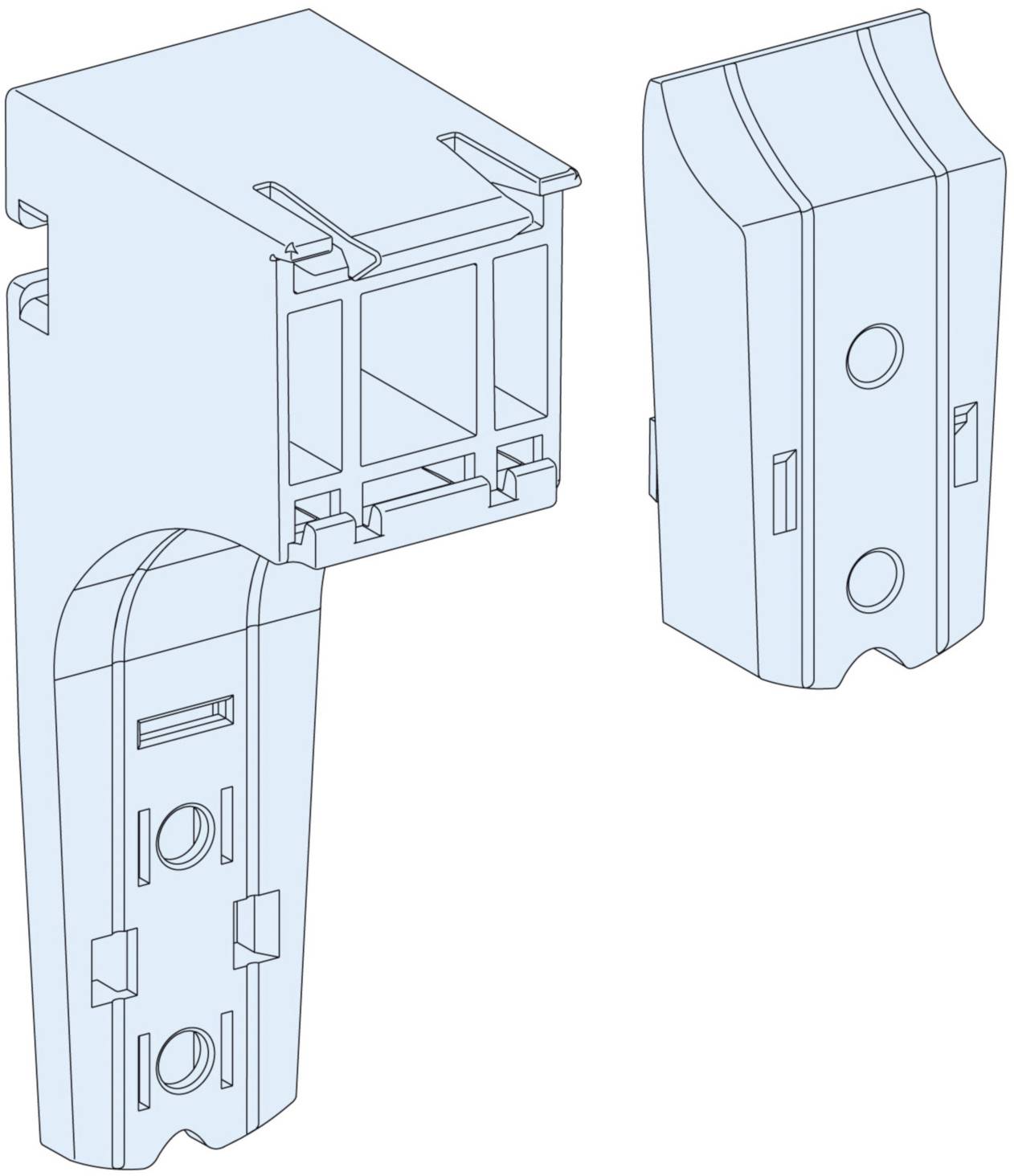Technische Zeichnung einer zweigeteilten elektrischen Komponente. Links der Hauptkörper mit Verbindungselementen, rechts die Abdeckung.