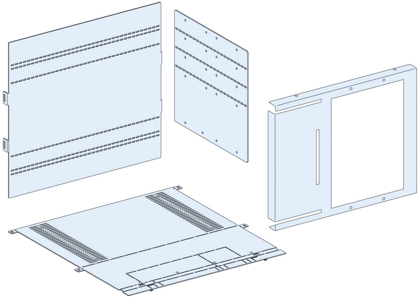 Abbildung eines Gehäusebauteils mit vier Komponentenansichten, zeigt die Montagereihenfolge verschiedener Metallplatten und Steckverbindungen.