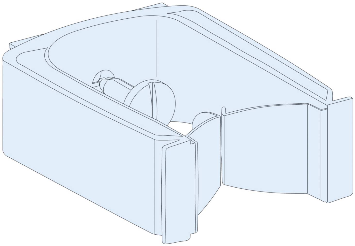 Illustration eines Duschtraps mit seitlichem Wasserabfluss, Ventile sichtbar.