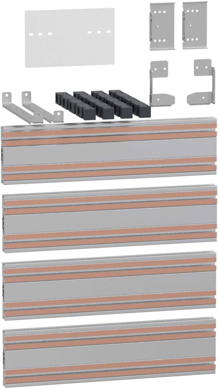 Bausatz eines Regalsystems mit vier Metallregalböden, vier Halterungen und vier Abstandshaltern. Eignet sich zur Wandmontage.