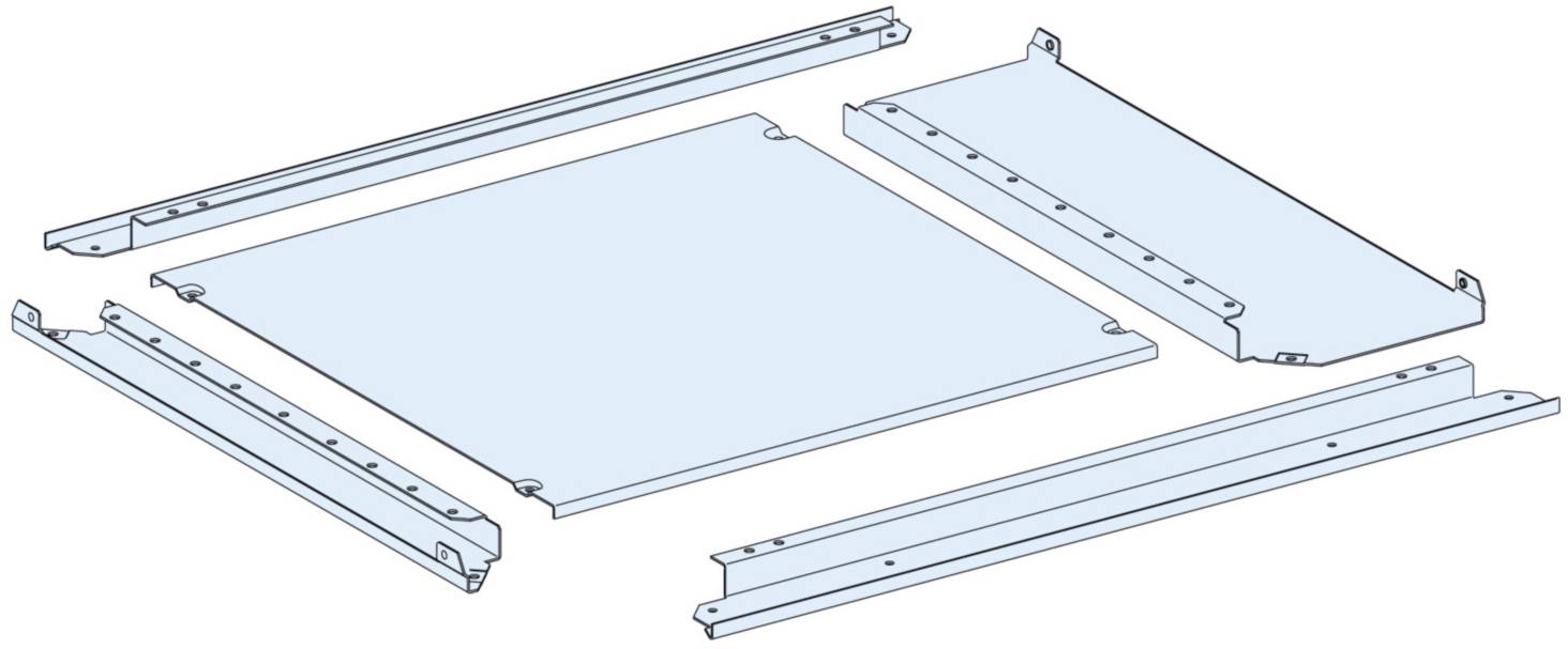 Teile einer rechteckigen Metallkonstruktion, darunter zwei längliche Streben und ein quadratisches Blech; Aufbau zur Montage.