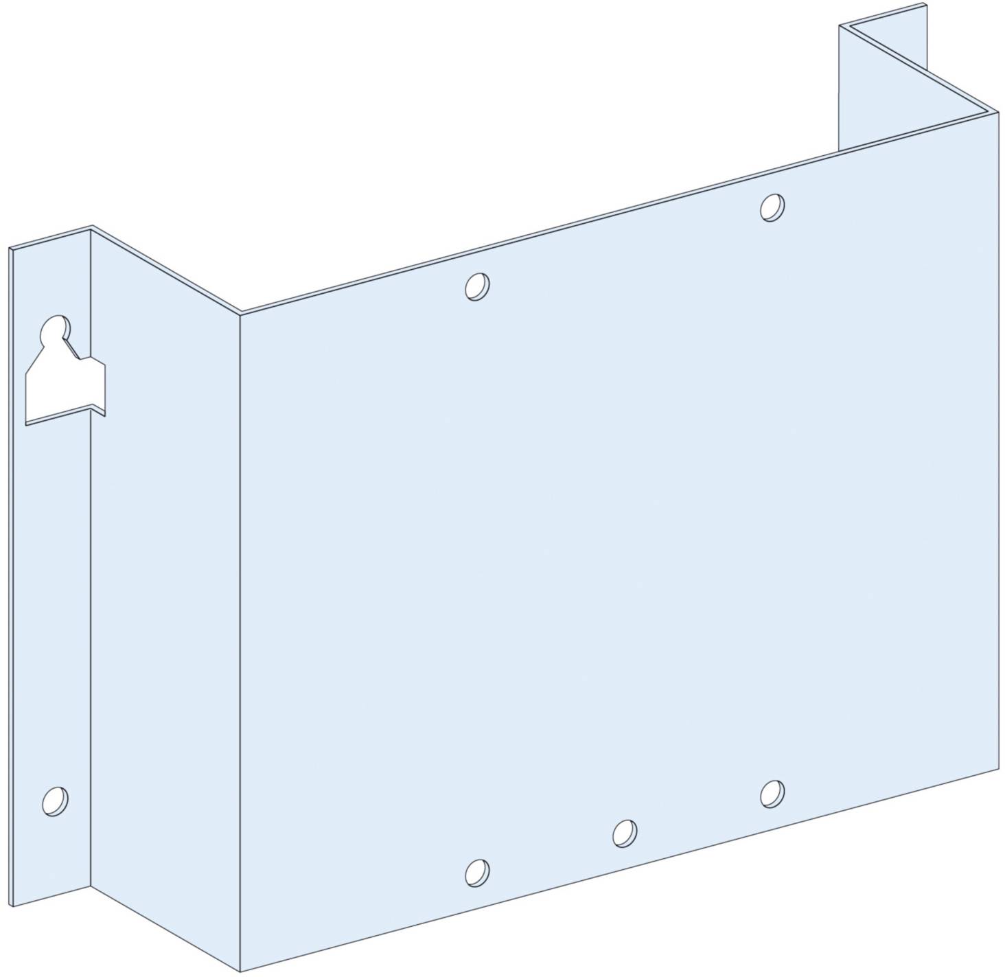Ein 3D-Illustration eines blauen, rechteckigen Metallstücks mit Löchern an den Kanten und einem Schlüsselloch-ausgeprägten Ausschnitt.