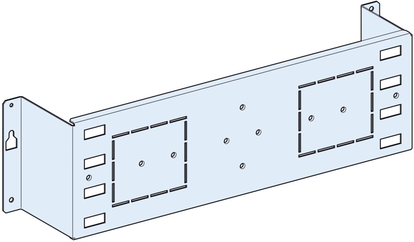 Metallhalterung für elektrische Geräte mit Montageöffnungen und seitlicher Befestigung. Rechteckige und runde Ausschnitte sichtbar.