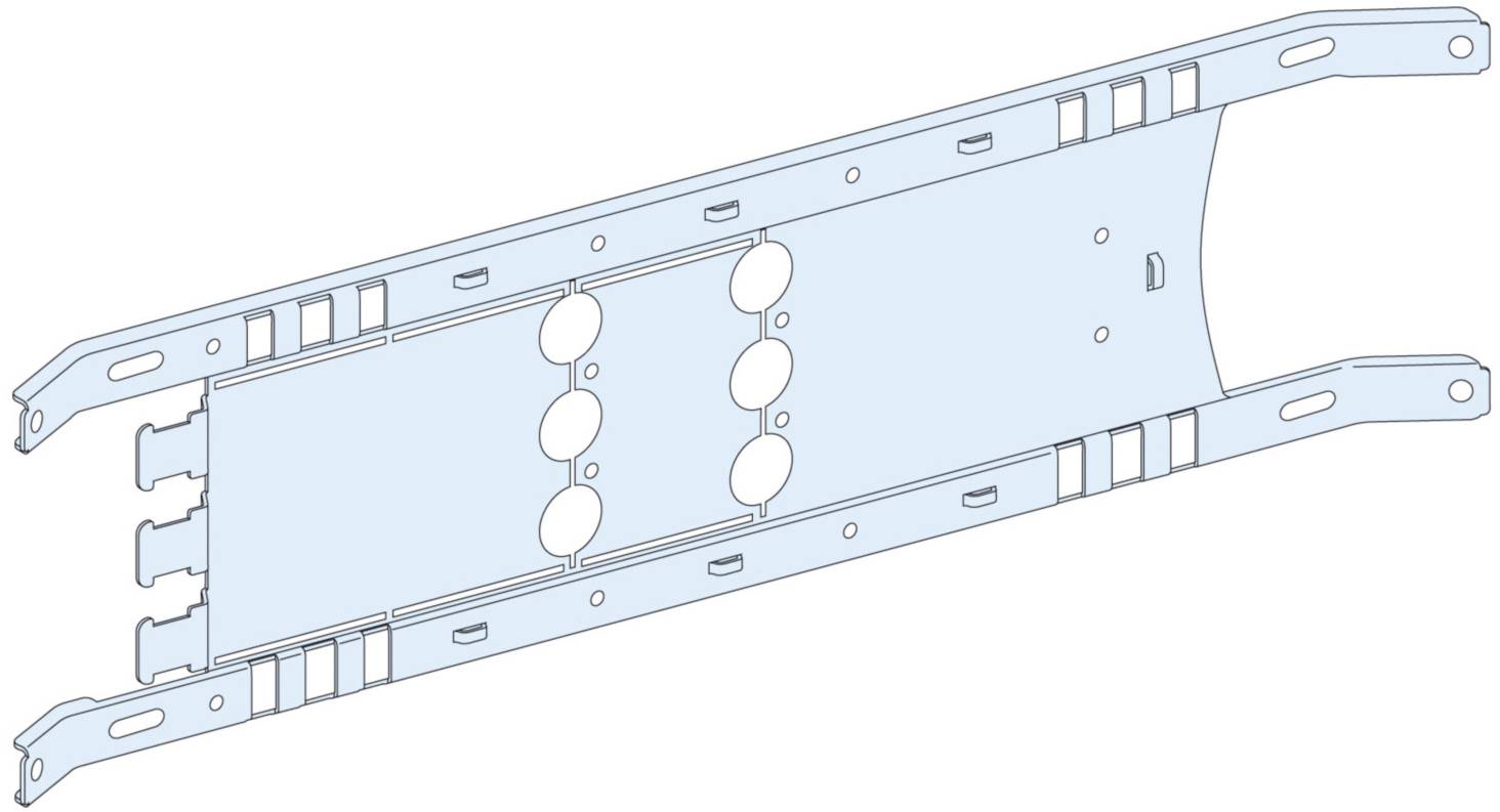 Technische Zeichnung einer Metallhalterung mit abgerundeten Ecken und sechs ovalen Öffnungen in der Mitte, seitlich mehrere kleinere Löcher.