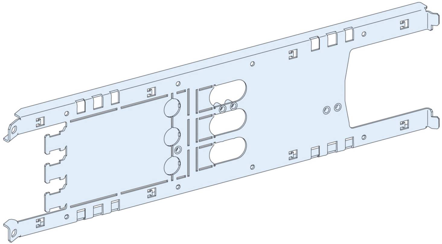 Metallplatte mit mehreren Öffnungen und Kanten, wahrscheinlich Teil eines mechanischen oder elektronischen Gehäuses.