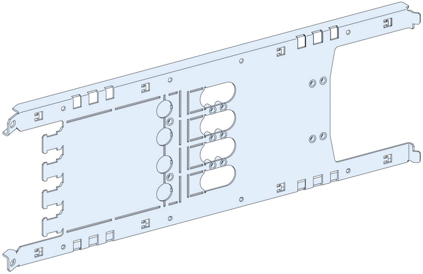 Metallplatte mit Aussparungen und Haken, vermutlich Teil eines mechanischen oder elektronischen Geräts zur Aufnahme von Komponenten.