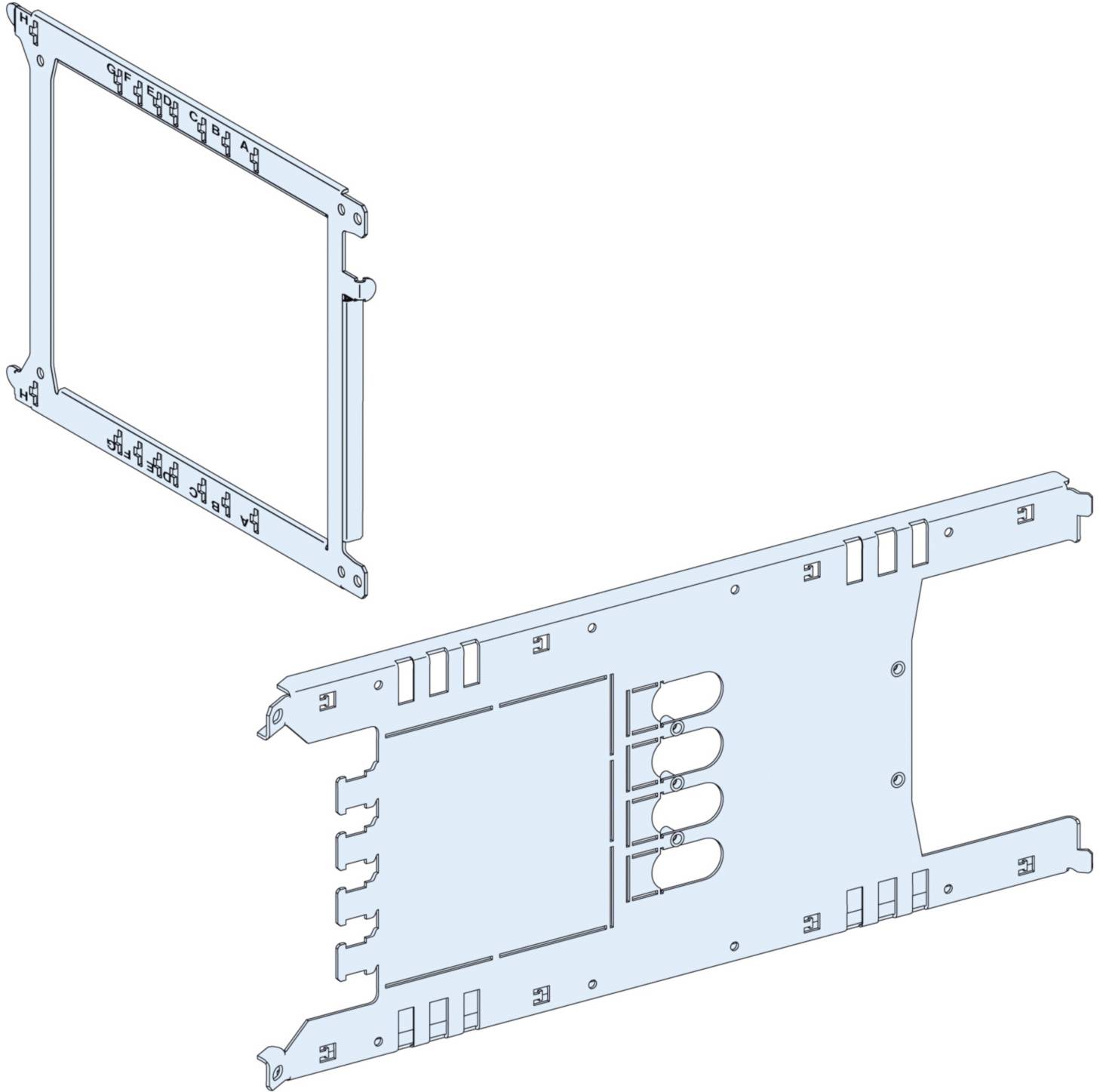 Abbildung zeigt eine technische Zeichnung von zwei Metallplatten mit Befestigungslöchern und Schlitzen. Sie scheinen modulare Bauteile zu sein.