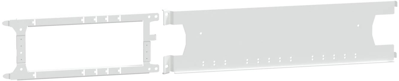 Zwei weiße Bauteile für die Montage im Server-Rack, links ein Rahmen, rechts eine Abdeckung mit mehreren Löchern, beide aus Metall.