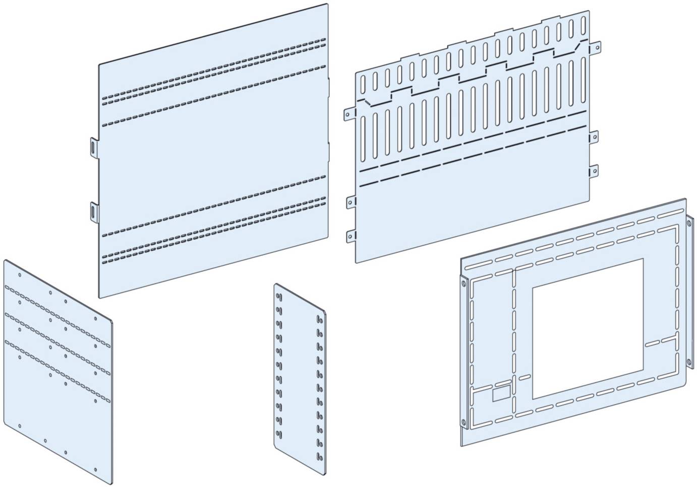 Zwei doppelseitige Schwingtüren und drei 19-Zoll-Paneele in verschiedenen Designs sind abgebildet.