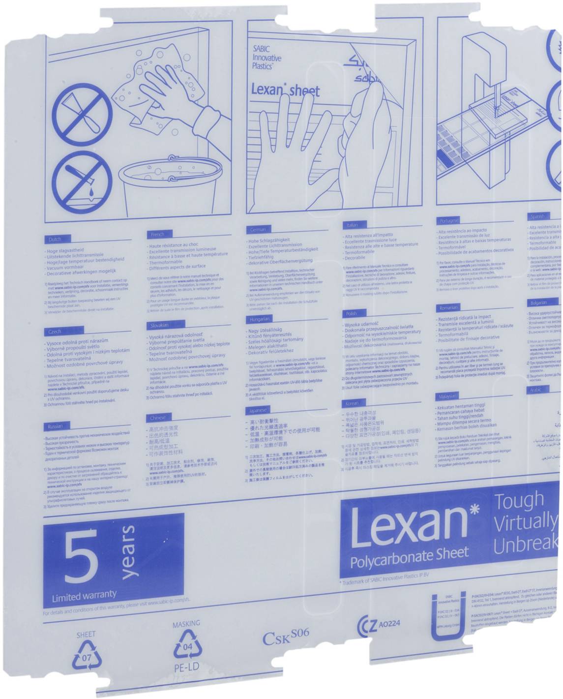 Klarsichtfolie mit blauer Beschriftung: 'Lexan' 5 Jahre Garantie, langlebig und nahezu unzerbrechlich. Anweisungen in mehreren Sprachen.