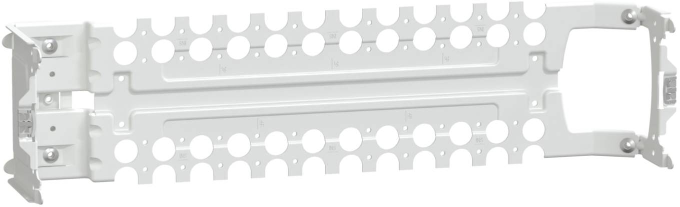 Ein weißer, metallener Montagehalter mit mehreren runden Öffnungen, verwendet in Kabelmanagement-Systemen zur Befestigung von Kabeln.