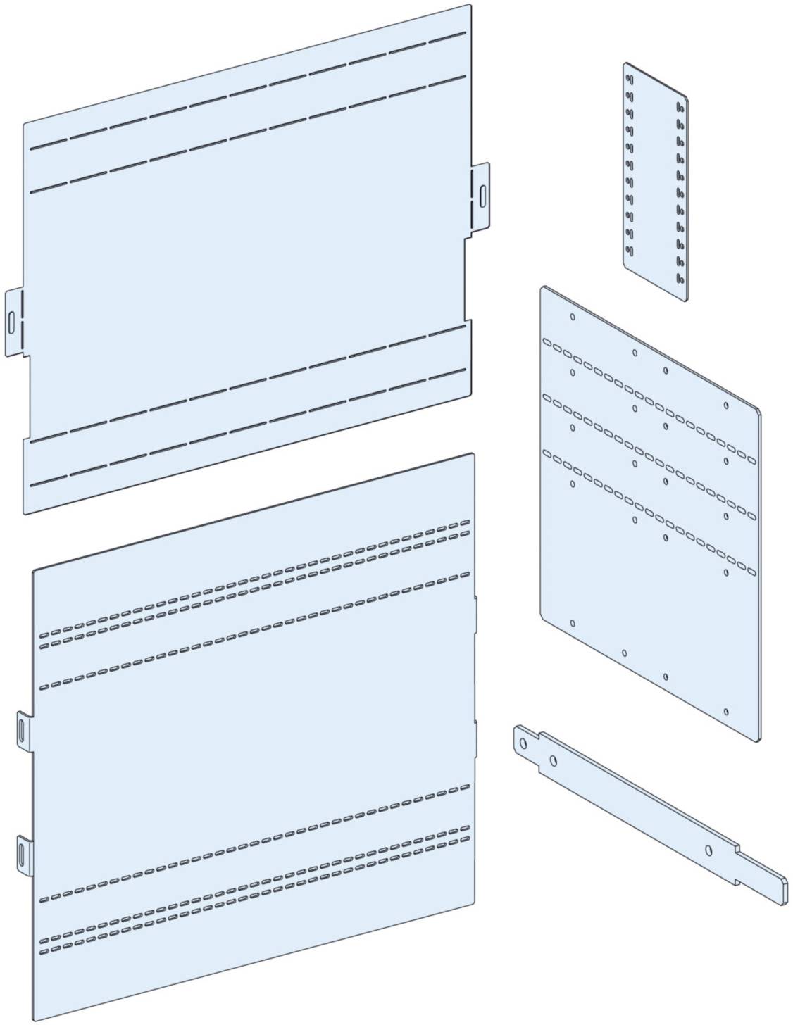 Metallplatten unterschiedlicher Größe mit Schraublochreihen und Montagehalterungen, genutzt für industrielle Befestigungssysteme.