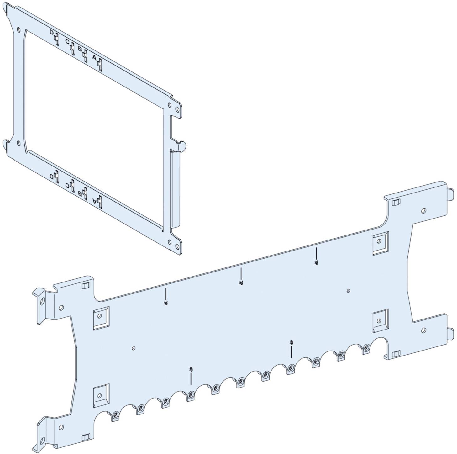 Zwei technische Zeichnungen von Montageteilen. Das obere Teil hat einen rechteckigen Rahmen mit Schraubenlöchern. Das untere Teil ist länglich mit mehreren Aussparungen und ebenfalls Schraubenlöchern.