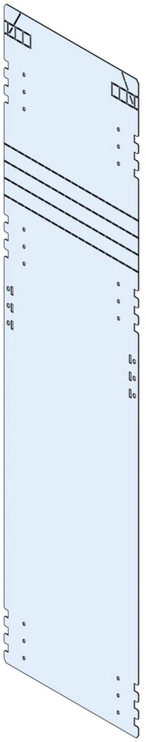 Diagramm eines blauen, rechteckigen Bauteils mit detaillierten Linien und Markierungen an den Rändern, möglicherweise für Montagezwecke.